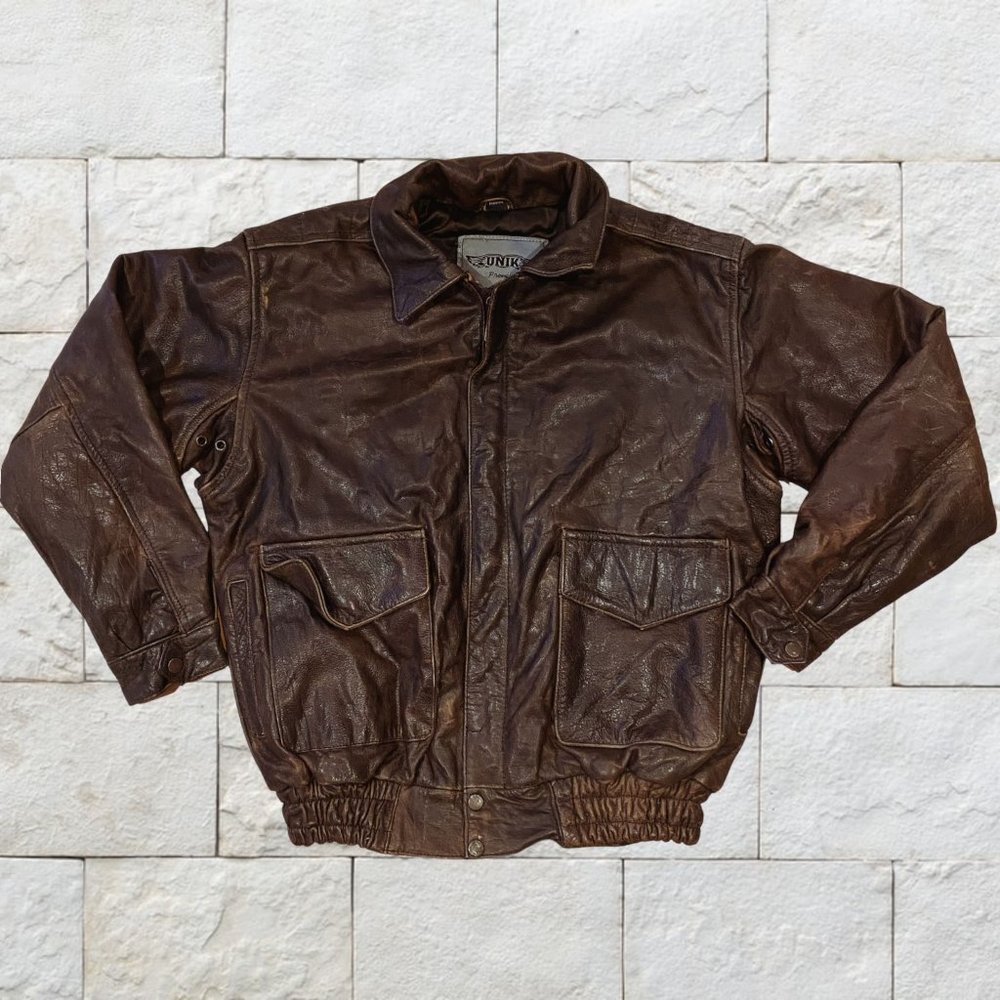 Rare Vintage UNIK Brown Leather Bomber Biker Jacket - Men's Small